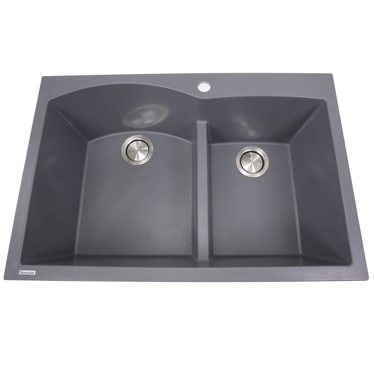 Nantucket 60/40 Double Bowl Dual-mount Granite Composite Titanium - PR6040-TI in modern gray finish with stainless steel drains.