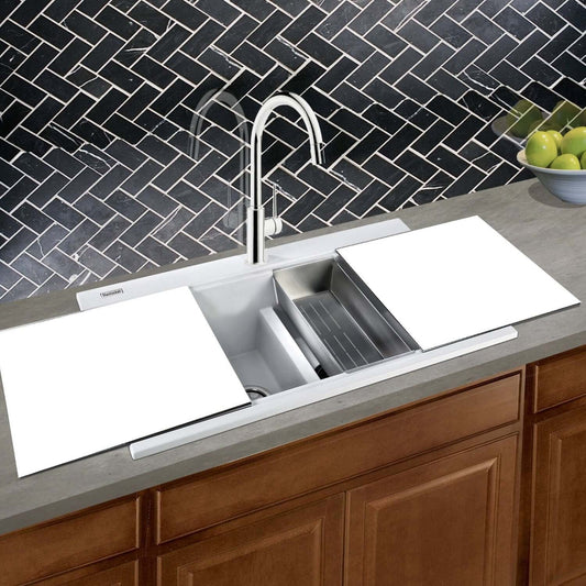 Nantucket Large Double Bowl Prep Station Topmount Granite Composite White - PR3420PS-W in a modern kitchen setting.
