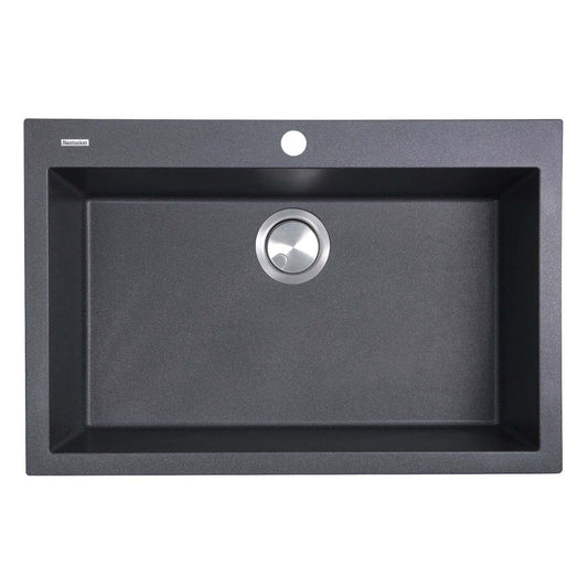 Nantucket Large Single Bowl Dual-Mount Granite Composite Black sink with spacious interior and elegant design.