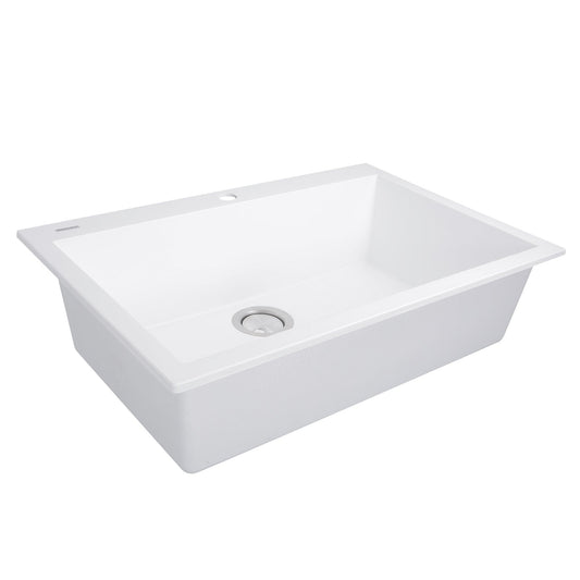 Nantucket Large Single Bowl Dual-Mount Granite Composite White kitchen sink with pristine white finish.