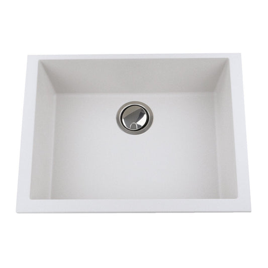 Compact White Undermount Sink - Nantucket Small Single Bowl top view showcasing sleek design and drain.