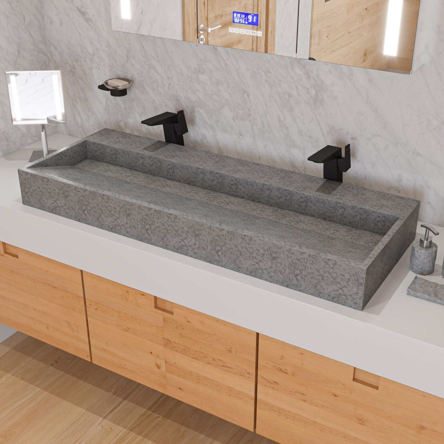 ALFI 48" Concrete Gray Matte Trough Bathroom Sink on a modern bathroom vanity with stylish fixtures.