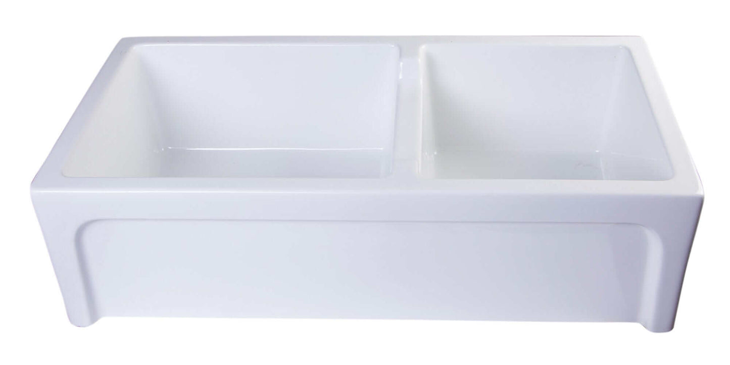 ALFI 36" White Arched Apron Thick Wall Fireclay Double Bowl Farm Sink AB3618ARCH-W showing elegant design and functionality.