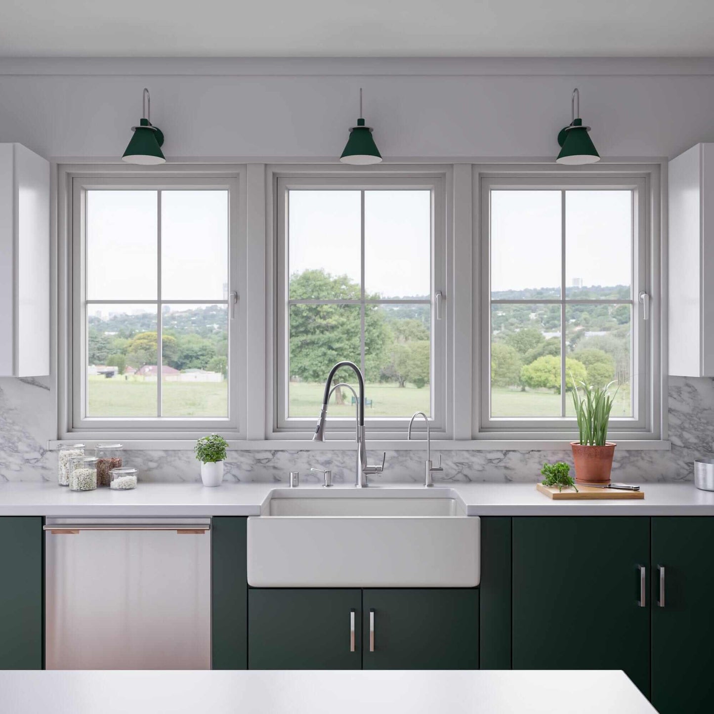 ALFI 33" Reversible Fluted / Smooth Single Bowl Fireclay Farm Sink AB3318HS-W in a modern kitchen setting with large windows.
