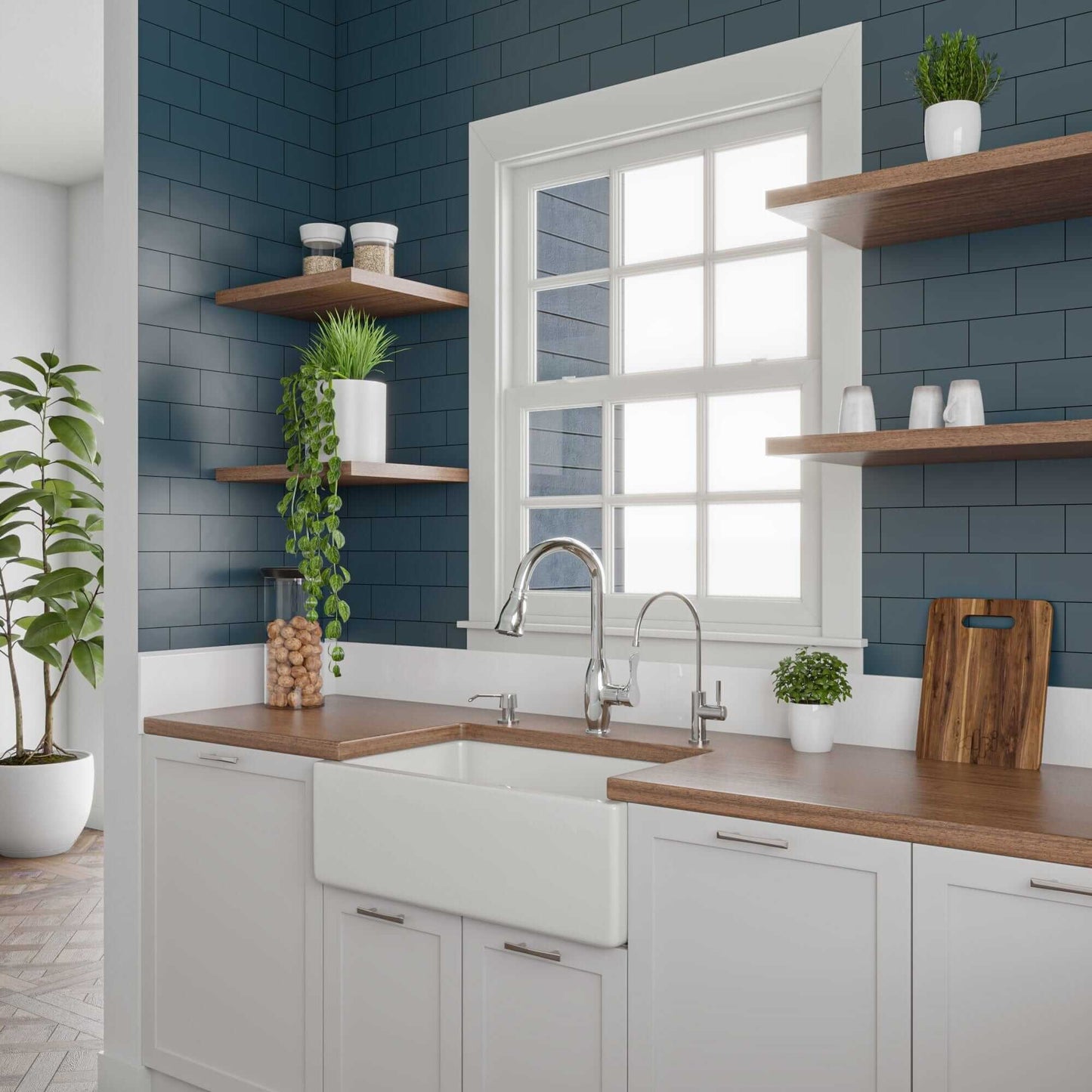 Modern kitchen featuring ALFI 30" White Reversible Fireclay Farmhouse Sink with dark blue walls and wooden shelves.