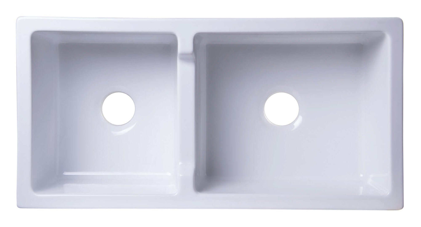 ALFI 36" White Smooth Apron Thick Wall Fireclay Double Bowl Farm Sink AB3618DB-W top view