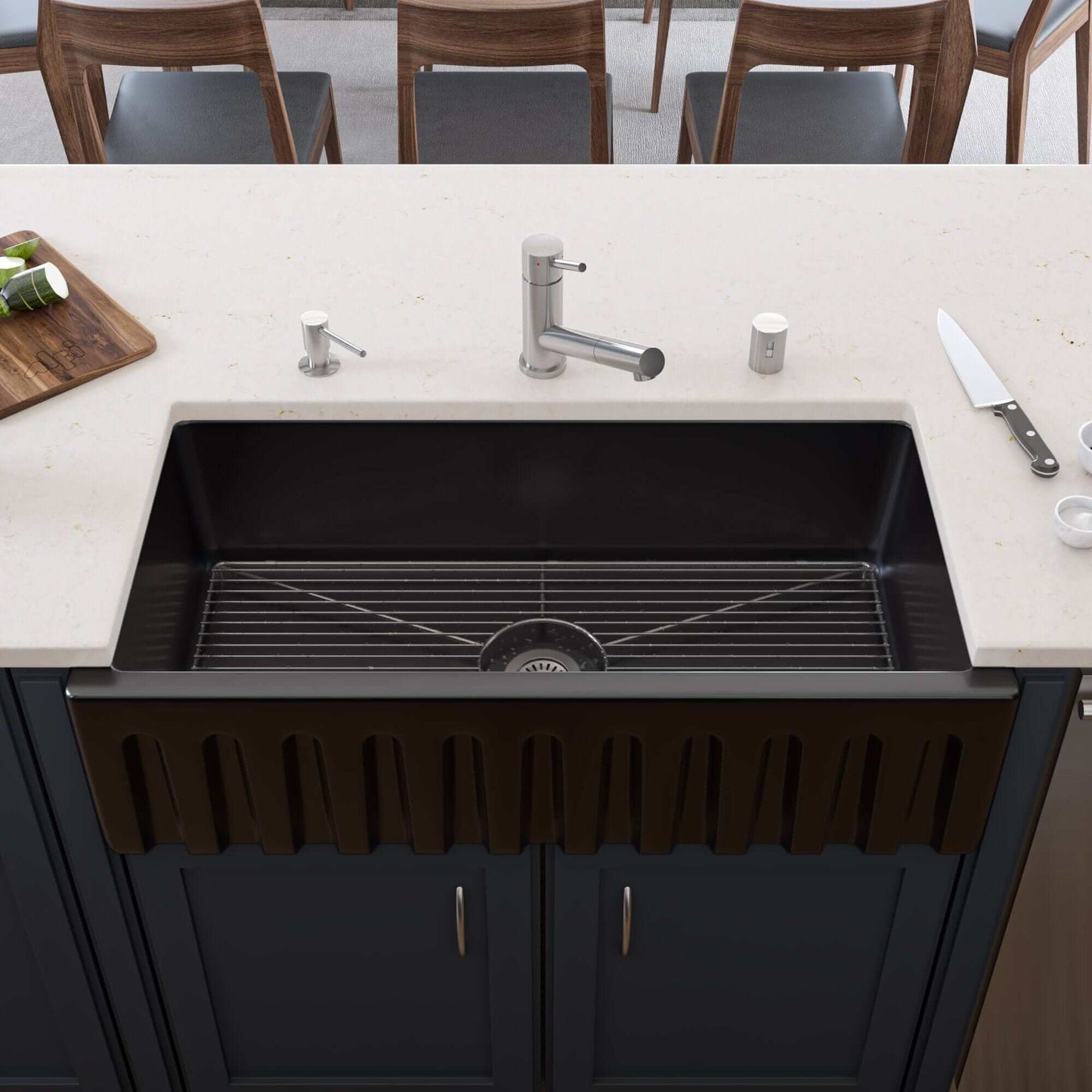 ALFI 36" Black Gloss Reversible Smooth / Fluted Single Bowl Fireclay Farm Sink AB3618HS-BG installed in a stylish kitchen.
