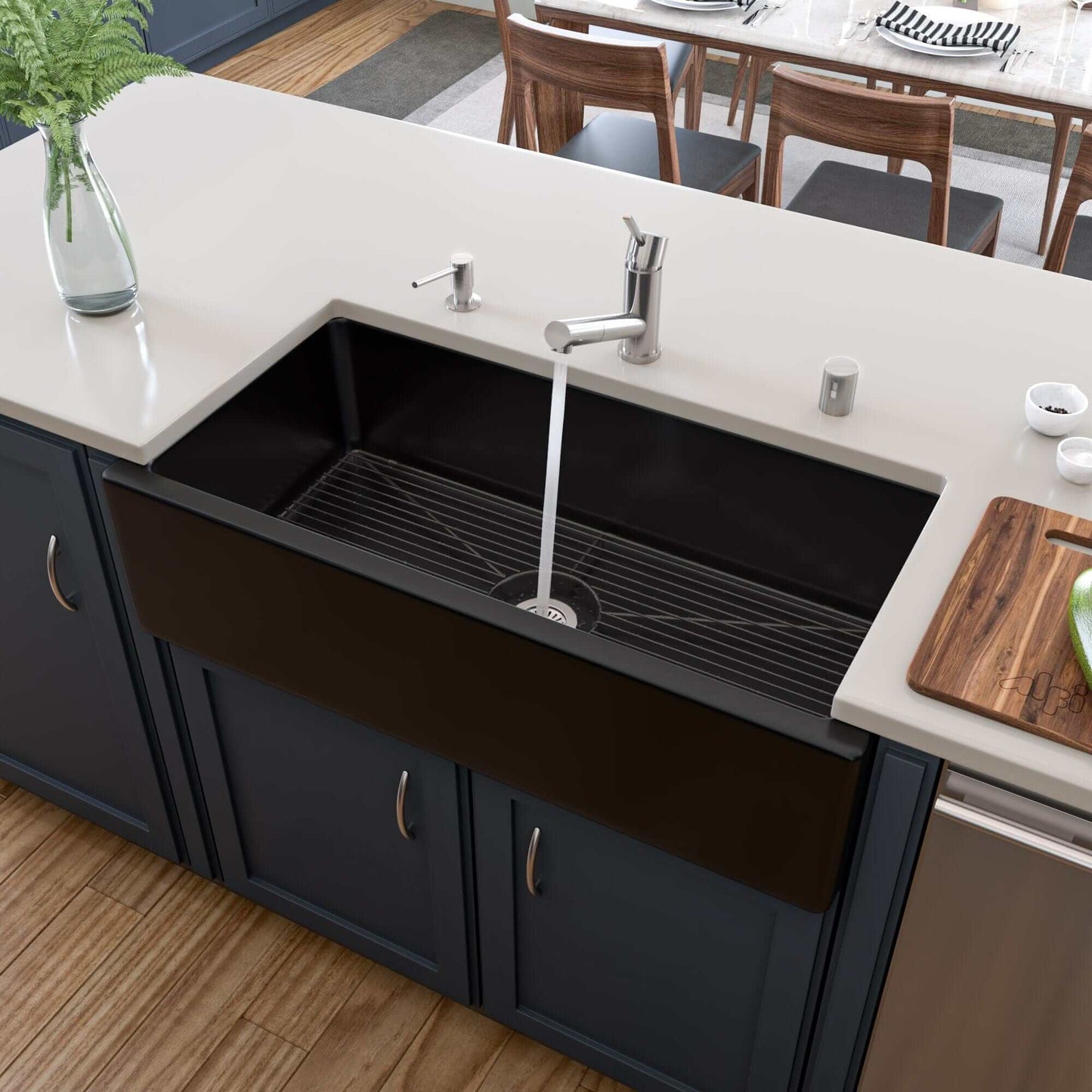 ALFI 36" Black Gloss Reversible Smooth / Fluted Single Bowl Fireclay Farm Sink AB3618HS-BG in modern kitchen setting.