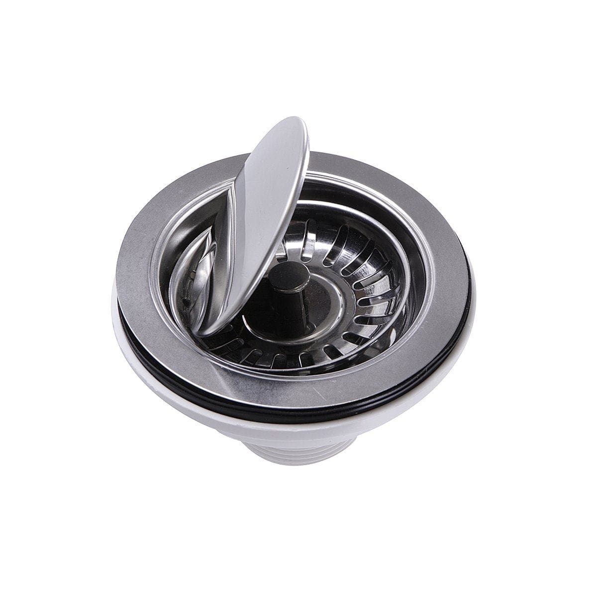 Nantucket Chrome Flip Top Crumb Cup Kitchen Drain - NS35LCC-CH with lid open and basket strainer visible.