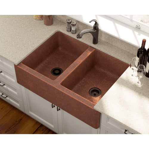 Polaris 35" Copper Farmhouse Equal Double Bowl Sink - P219 - Manor House Sinks