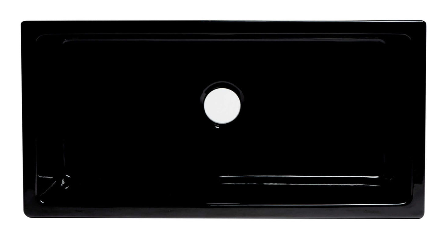ALFI 36" Black Gloss Reversible Smooth / Fluted Single Bowl Fireclay Farm Sink AB3618HS-BG top view with drain hole.