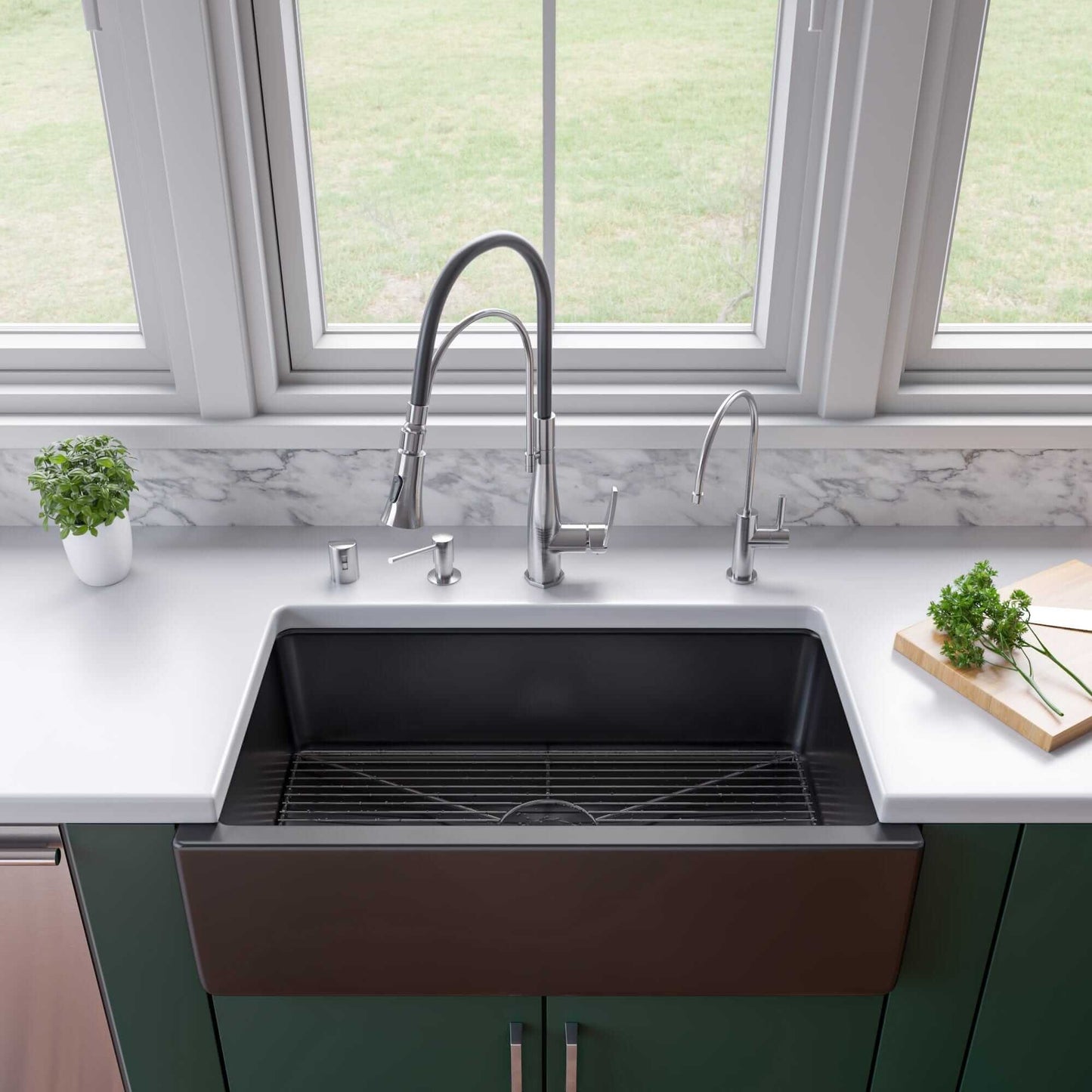 ALFI 33"  Black Gloss Reversible Fluted / Smooth Fireclay Farm Sink AB3318HS-BG installed in a modern kitchen.
