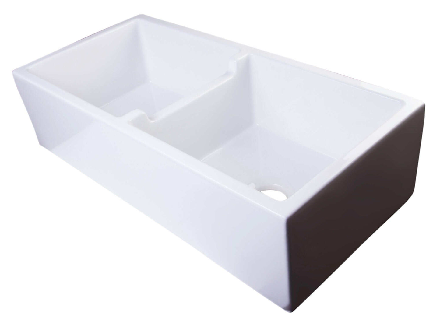 ALFI 39" White Smooth Apron Thick Wall Fireclay Double Bowl Farm Sink AB3918DB-W on a white background.