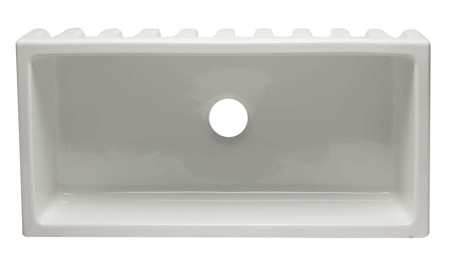 ALFI 36" White Reversible Smooth / Fluted Single Bowl Fireclay Farm Sink AB3618HS-W with smooth apron design.