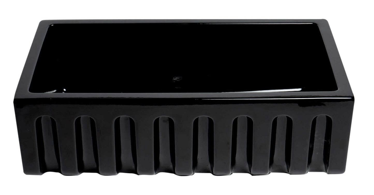 ALFI 33"  Black Gloss Reversible Fluted / Smooth Fireclay Farm Sink AB3318HS-BG with a sleek black finish.