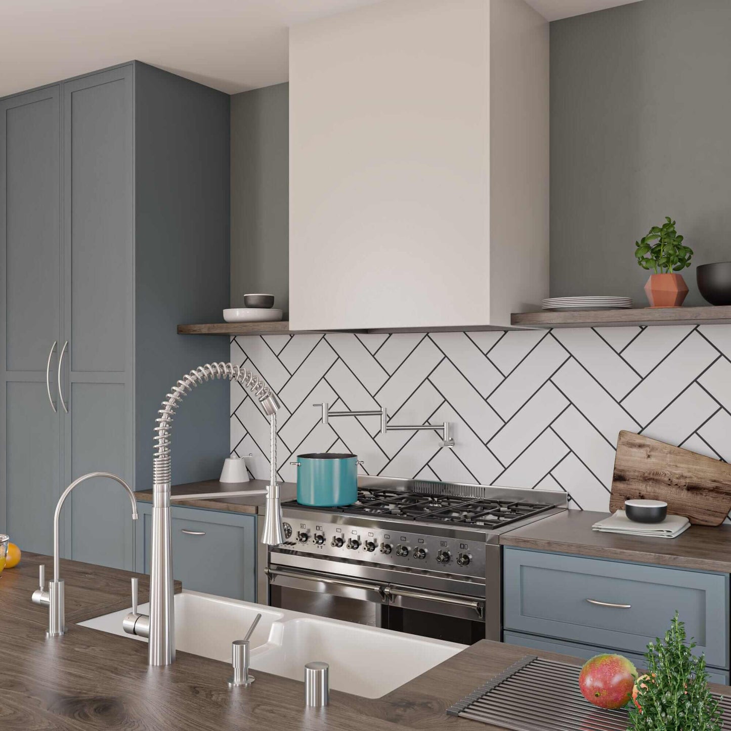 Modern kitchen with ALFI 36" White Smooth Apron Thick Wall Fireclay Double Bowl Farm Sink AB3618DB-W, stylish cabinetry and herringbone tiles.