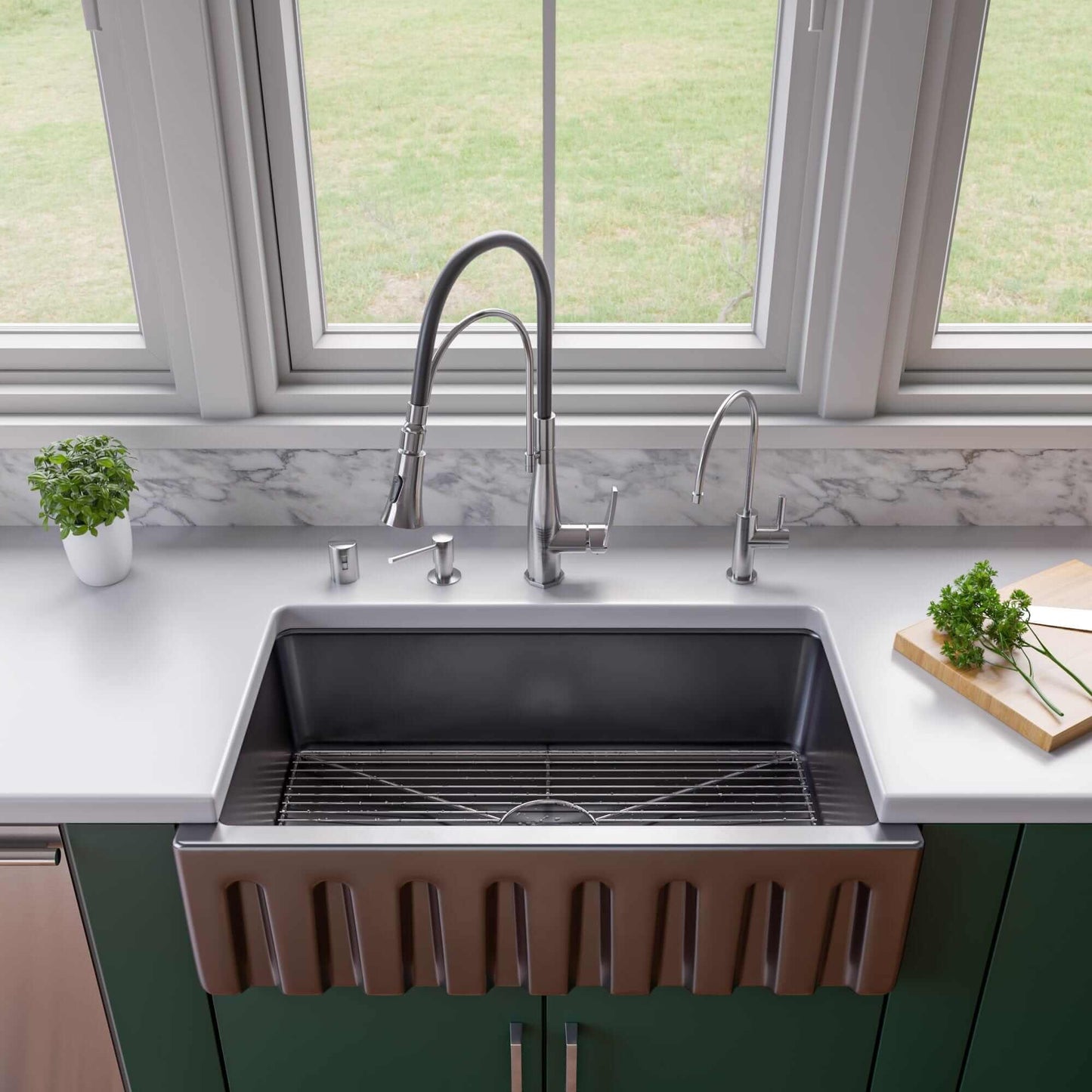 ALFI 33"  Black Gloss Reversible Fluted / Smooth Fireclay Farm Sink AB3318HS-BG displayed in a modern kitchen setting.