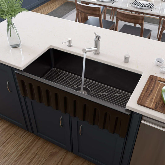 ALFI 36" Black Gloss Reversible Smooth / Fluted Single Bowl Fireclay Farm Sink AB3618HS-BG with elegant kitchen design.