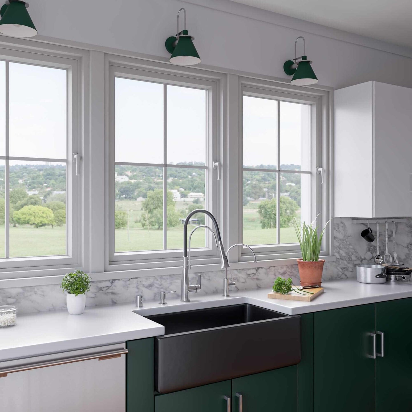 ALFI 33"  Black Gloss Reversible Fluted / Smooth Fireclay Farm Sink AB3318HS-BG displayed in a modern kitchen with large windows.