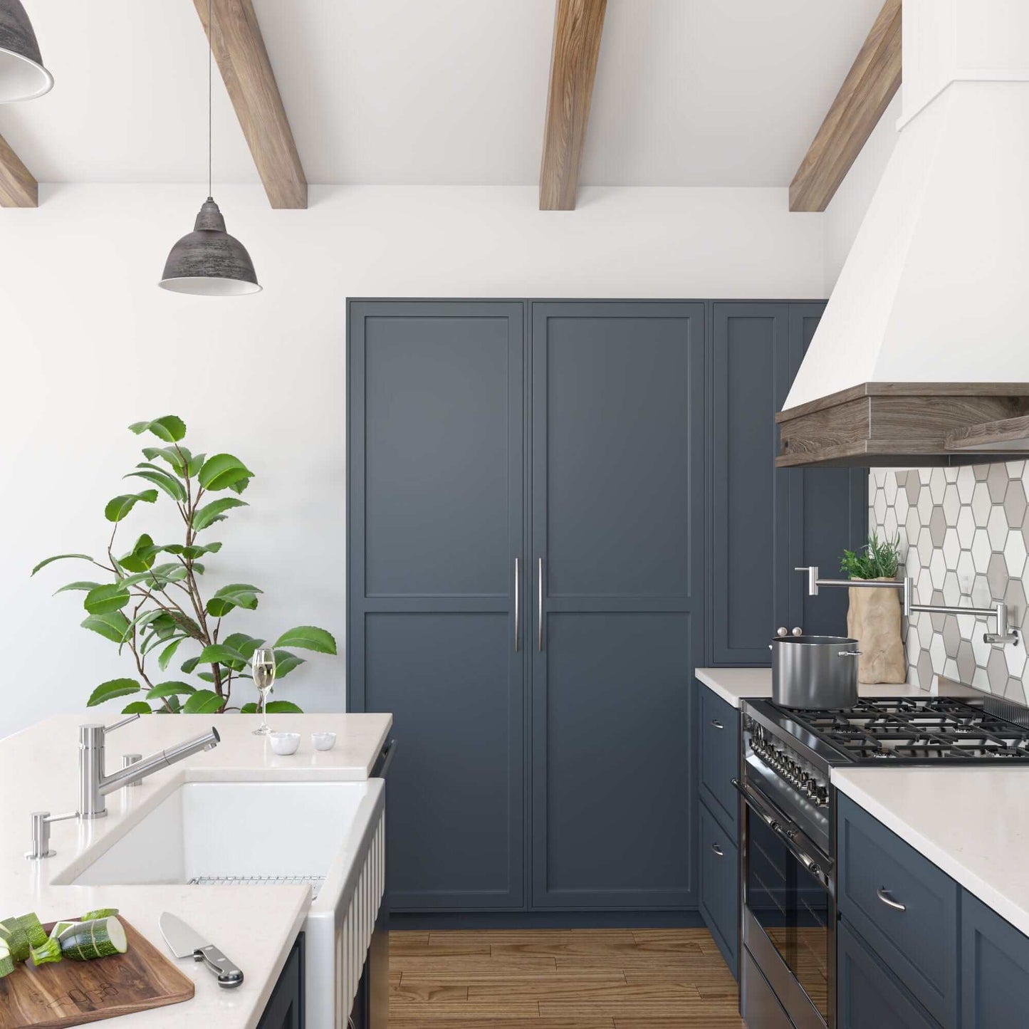 Modern kitchen featuring ALFI 36" White Reversible Smooth / Fluted Single Bowl Fireclay Farm Sink AB3618HS-W and stylish cabinetry.