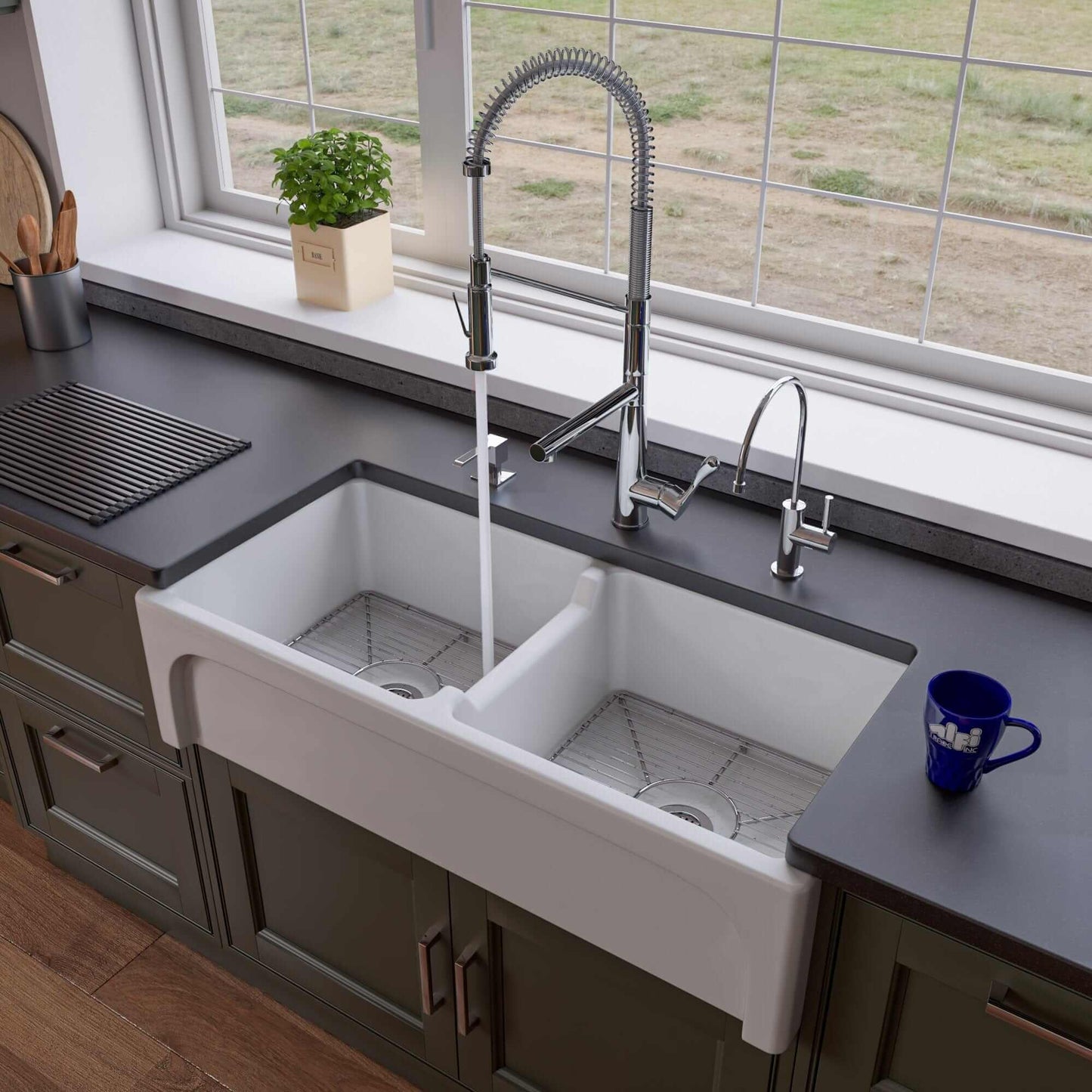 ALFI 39" Arched Thick Wall Fireclay Double Bowl Farm Sink AB3918ARCH-W displayed in a modern kitchen setting.