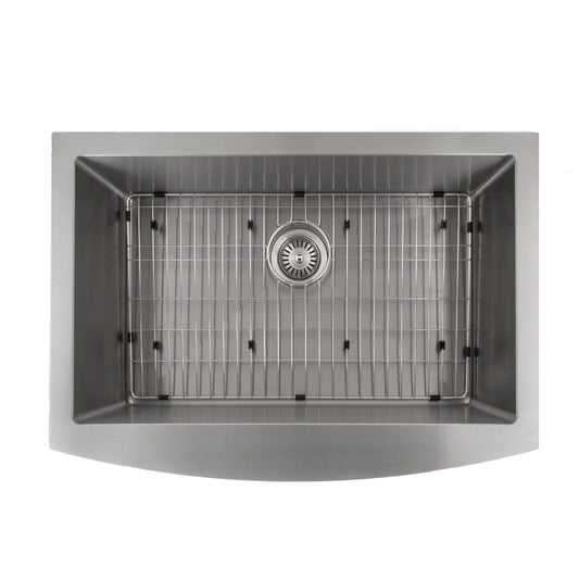 ZLINE Vail Farmhouse 33" Apron Mount Single Bowl Sink in Stainless Steel (SAS-33) with grid insert and drain.
