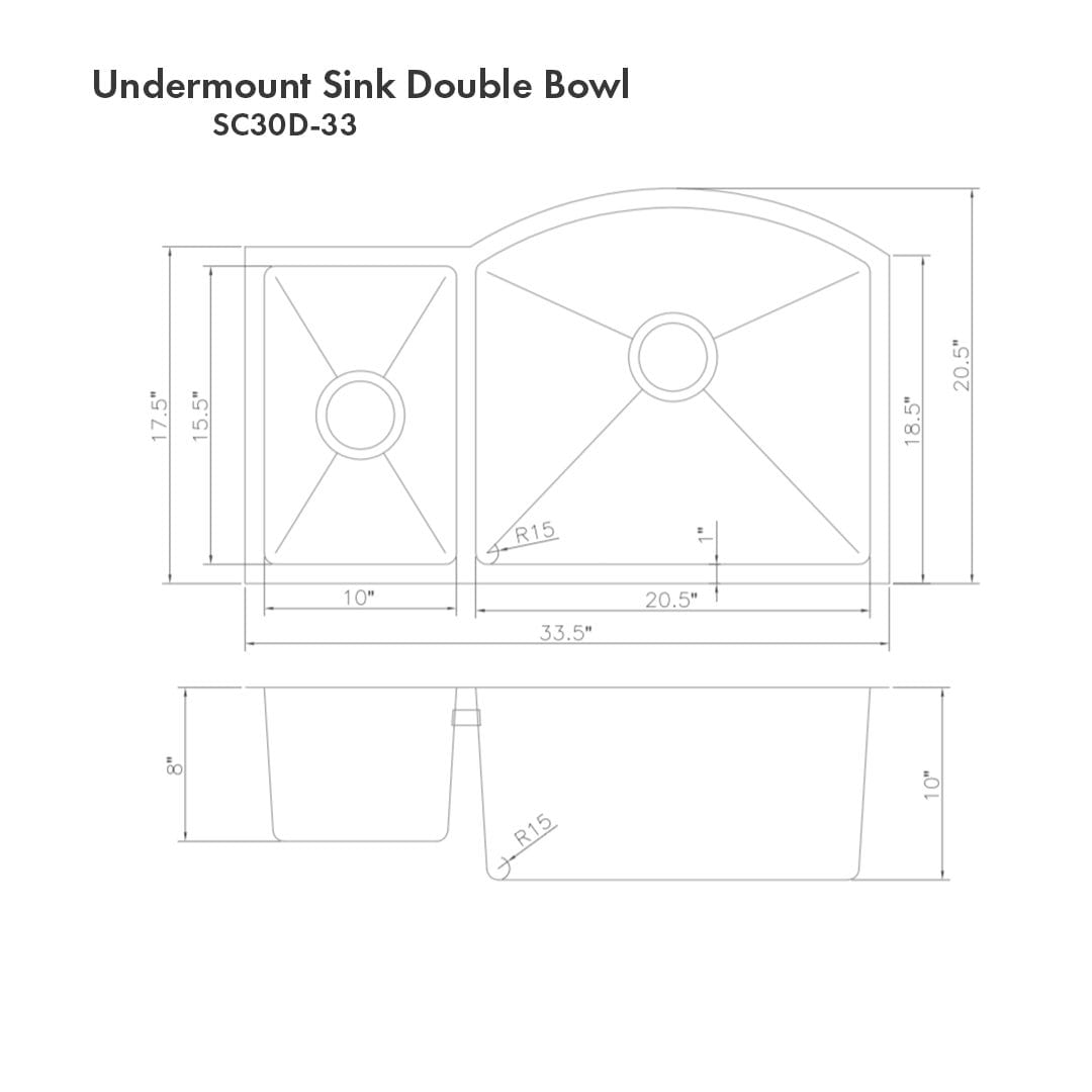 ZLINE Aspen 33" Undermount Double Bowl Sink in Stainless Steel (SC30D-33)