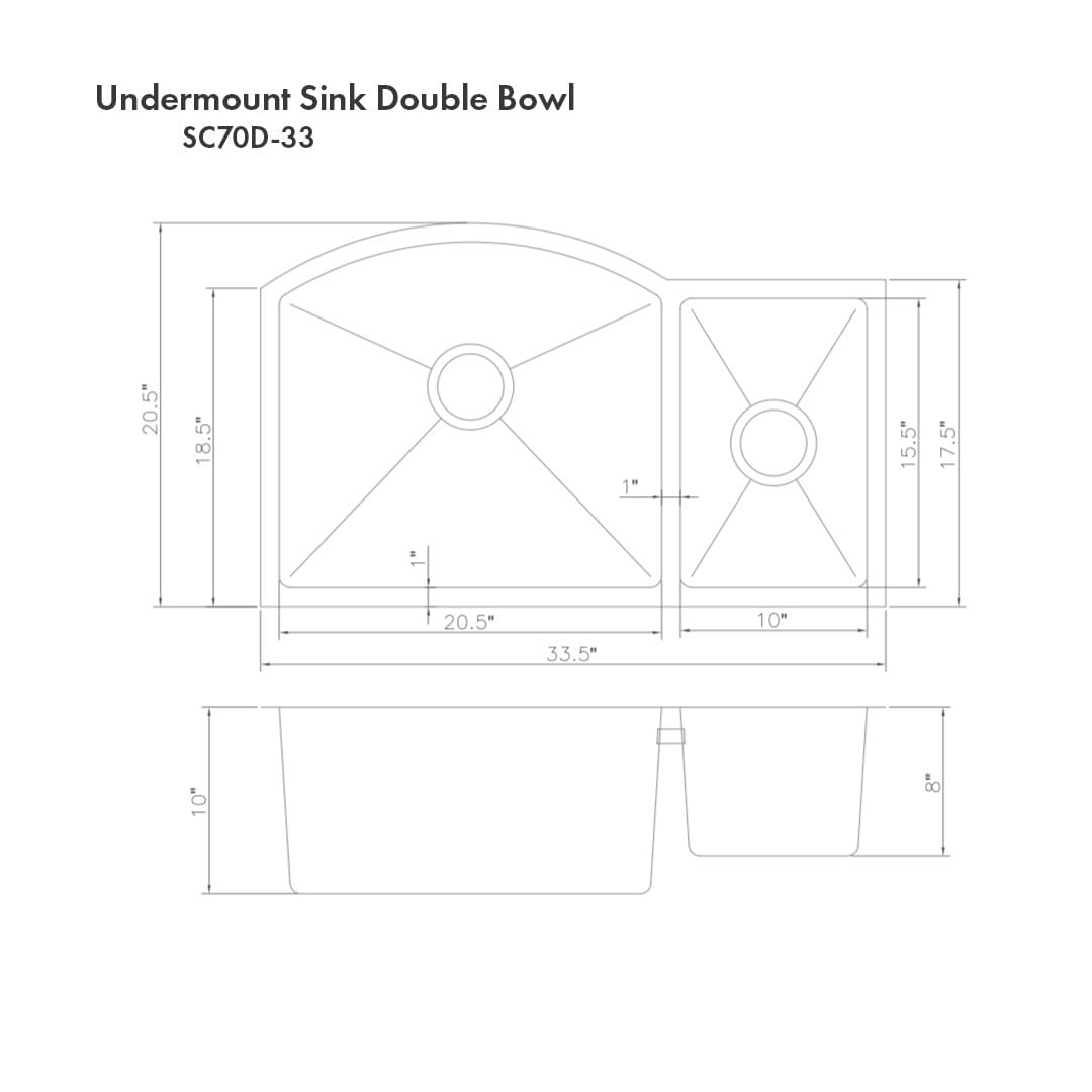 ZLINE Cortina 33" Undermount Double Bowl Sink in Stainless Steel (SC70D-33)