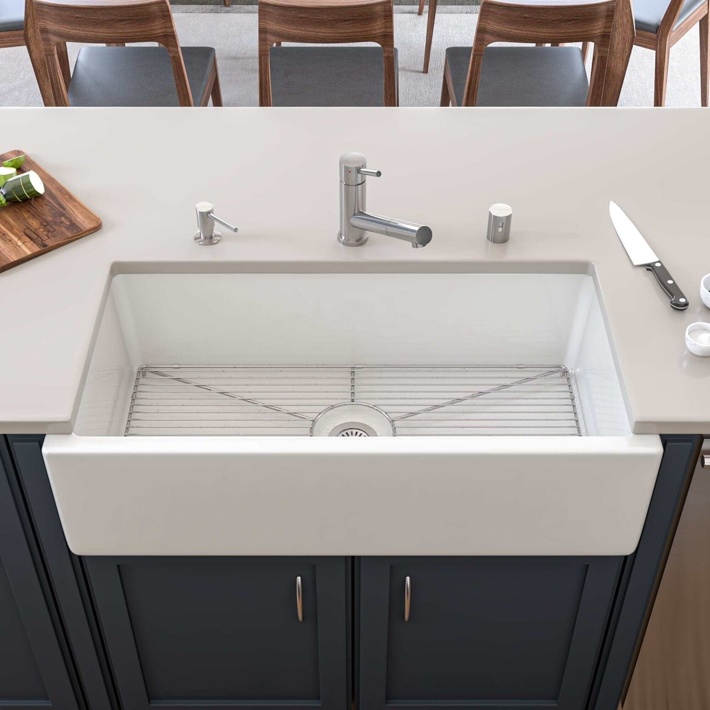 ALFI 36" White Reversible Smooth / Fluted Single Bowl Fireclay Farm Sink AB3618HS-W installed in modern kitchen.