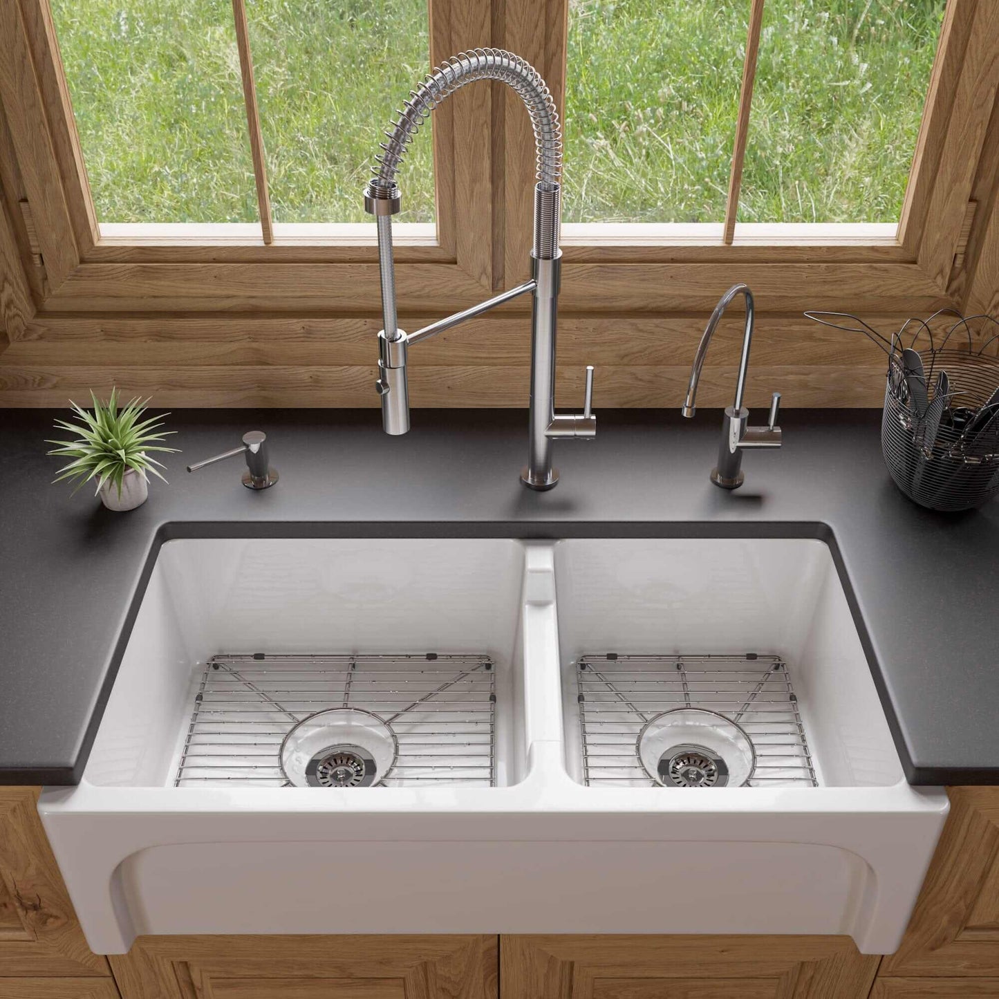 ALFI 36" White Arched Apron Thick Wall Fireclay Double Bowl Farm Sink AB3618ARCH-W with modern faucet and accessories.