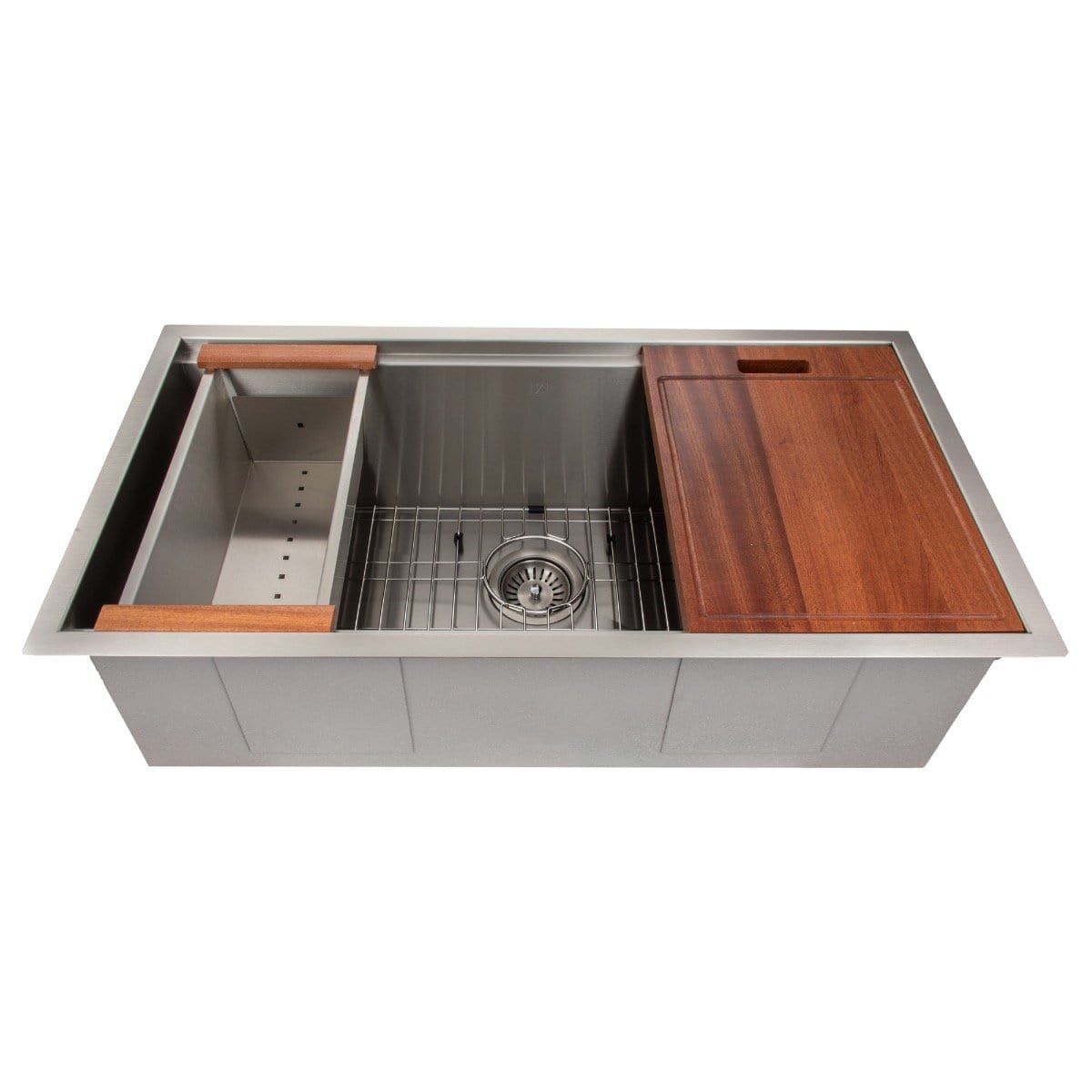 ZLINE Garmisch 33" Undermount Single Bowl Sink in Stainless Steel with Accessories (SLS-33) from above, featuring wood accents.
