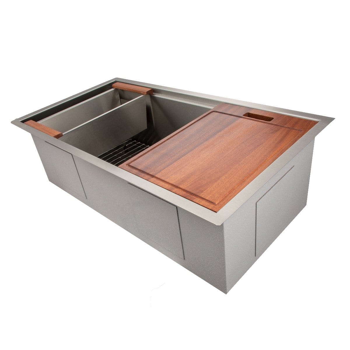 ZLINE Garmisch 33" Undermount Single Bowl Sink in Stainless Steel with Accessories (SLS-33) with wooden cutting board.