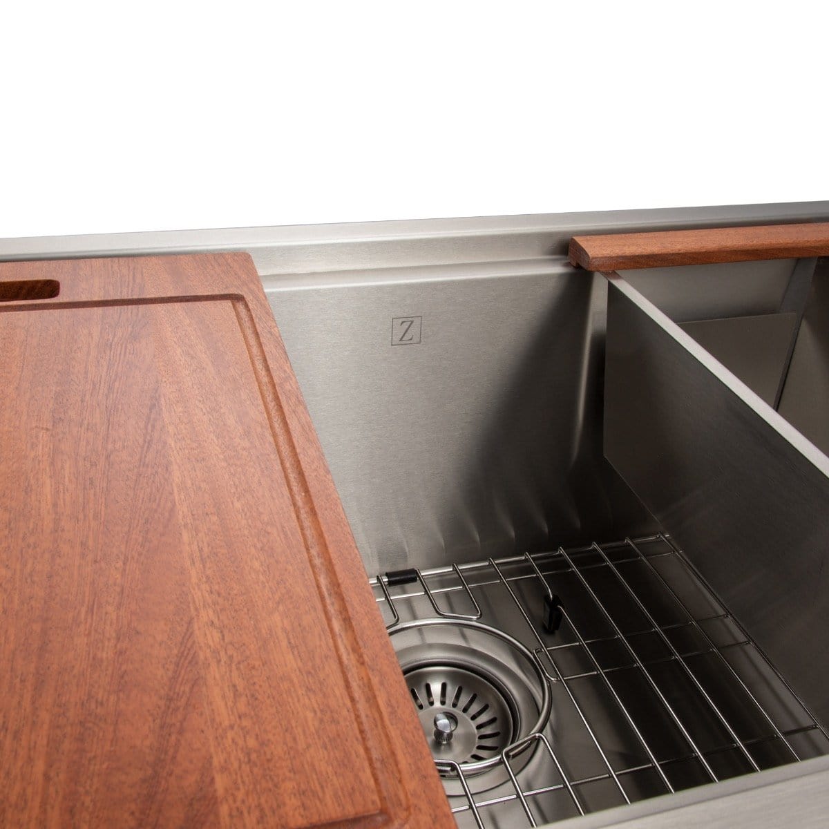 ZLINE Garmisch 33" Undermount Single Bowl Sink in Stainless Steel with Accessories (SLS-33) featuring wood cutting board.