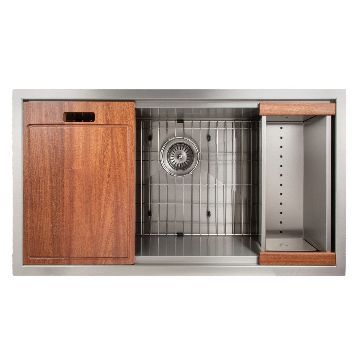 ZLINE Garmisch 33" Undermount Single Bowl Sink in Stainless Steel with Accessories (SLS-33) workstation design with wooden elements.