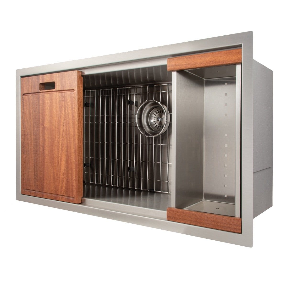 ZLINE Garmisch 33" Undermount Single Bowl Sink in Stainless Steel with Accessories (SLS-33) featuring wood accents.