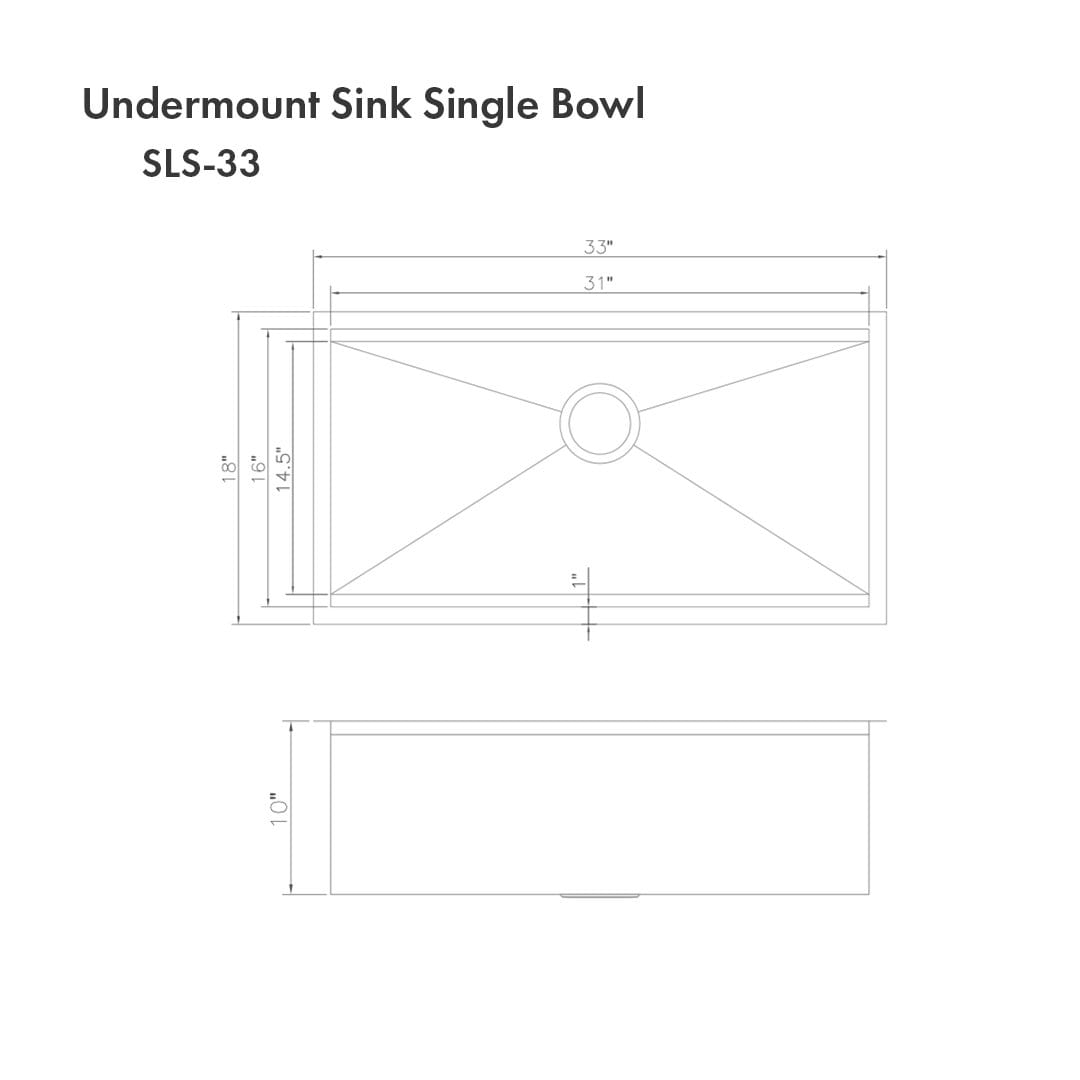 ZLINE Garmisch 33" Undermount Single Bowl Sink in Stainless Steel with Accessories (SLS-33) dimensions diagram.