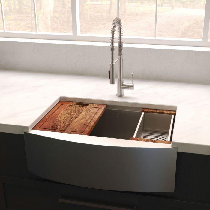 ZLINE Moritz Farmhouse 33" Undermount Single Bowl Sink in Stainless Steel with Accessories (SLSAP-33) in kitchen setting.