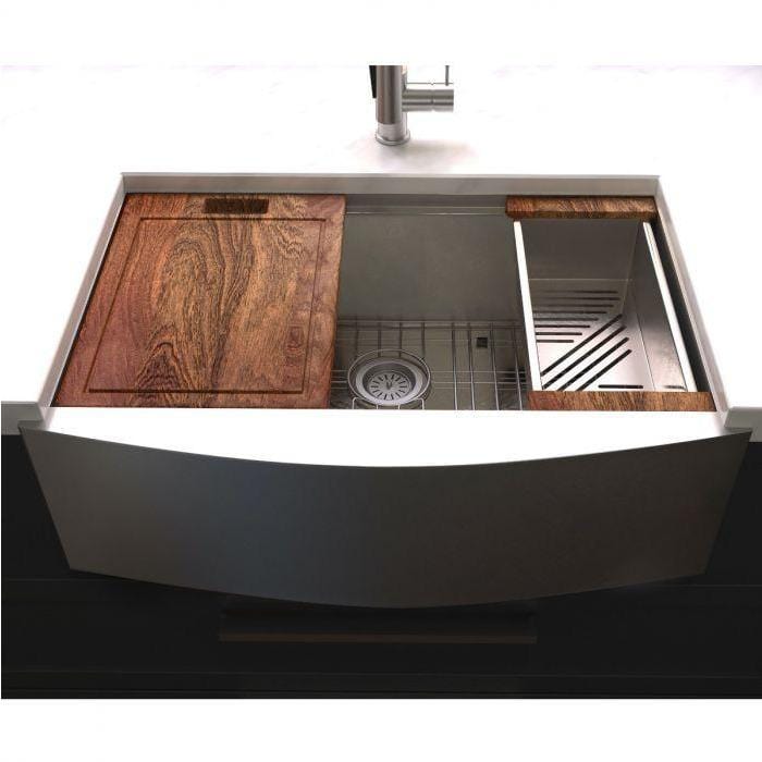 ZLINE Moritz Farmhouse 33" Undermount Single Bowl Sink in Stainless Steel with Accessories (SLSAP-33) showcasing wood cover.