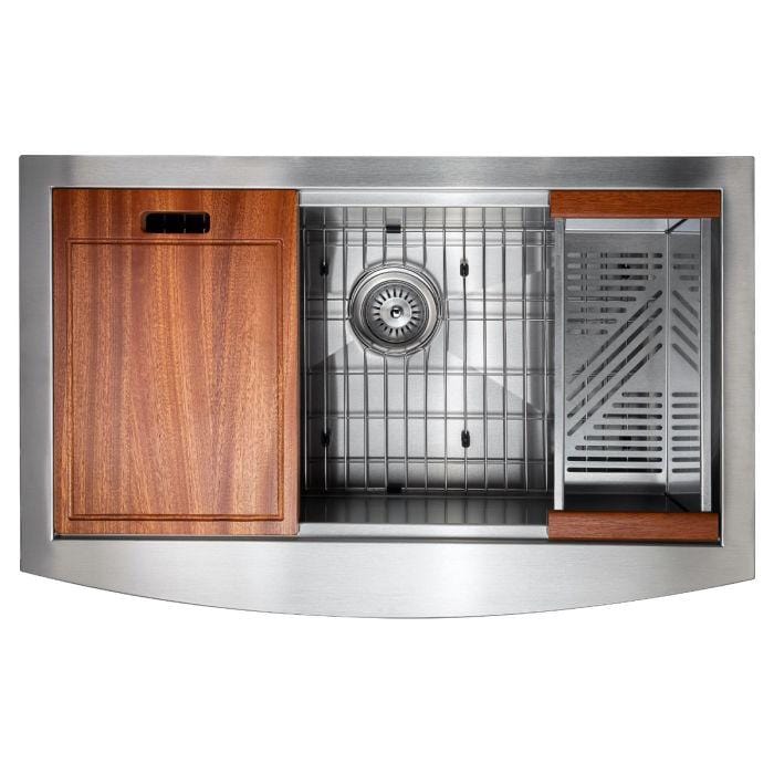 ZLINE Moritz Farmhouse 33" Undermount Single Bowl Sink in Stainless Steel with Accessories (SLSAP-33) with wooden elements.