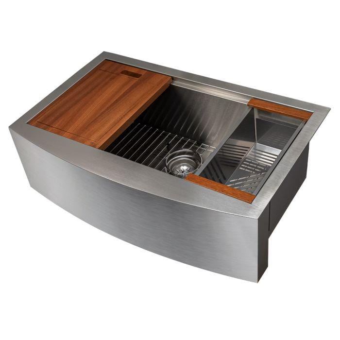 ZLINE Moritz Farmhouse 33" Undermount Single Bowl Sink in Stainless Steel with Accessories (SLSAP-33) with wood cutting board.