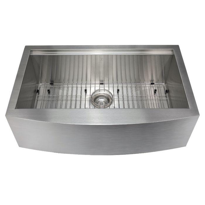 ZLINE Moritz Farmhouse 33" Undermount Single Bowl Sink in Stainless Steel with Accessories (SLSAP-33) top view.