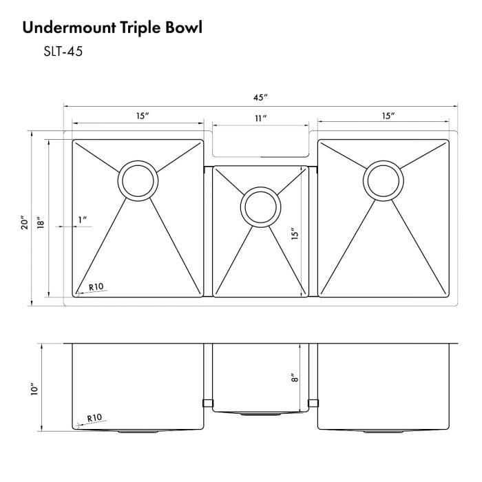 ZLINE Breckenridge 45" Undermount Triple Bowl Sink in Stainless Steel with Accessories (SLT-45)