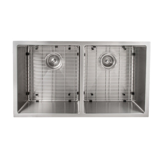 ZLINE Anton 33" Undermount Double Bowl Sink in Stainless Steel (SR50D-33) showing dual bowls and grid design.