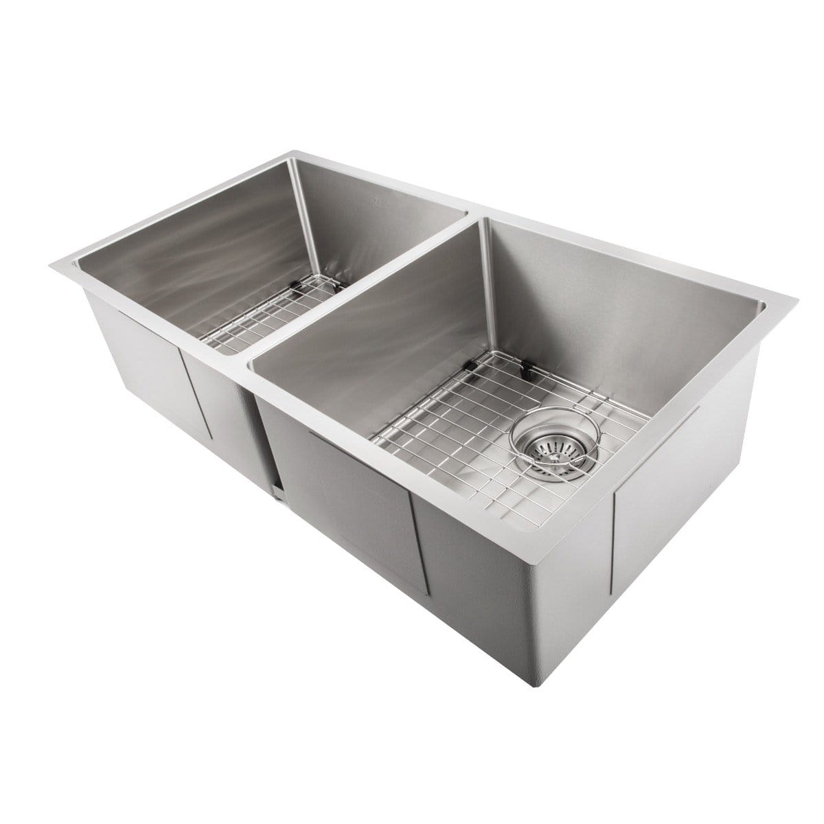 ZLINE Anton 36" Undermount Double Bowl Sink in Stainless Steel (SR50D-36) with dual basins and grid racks.