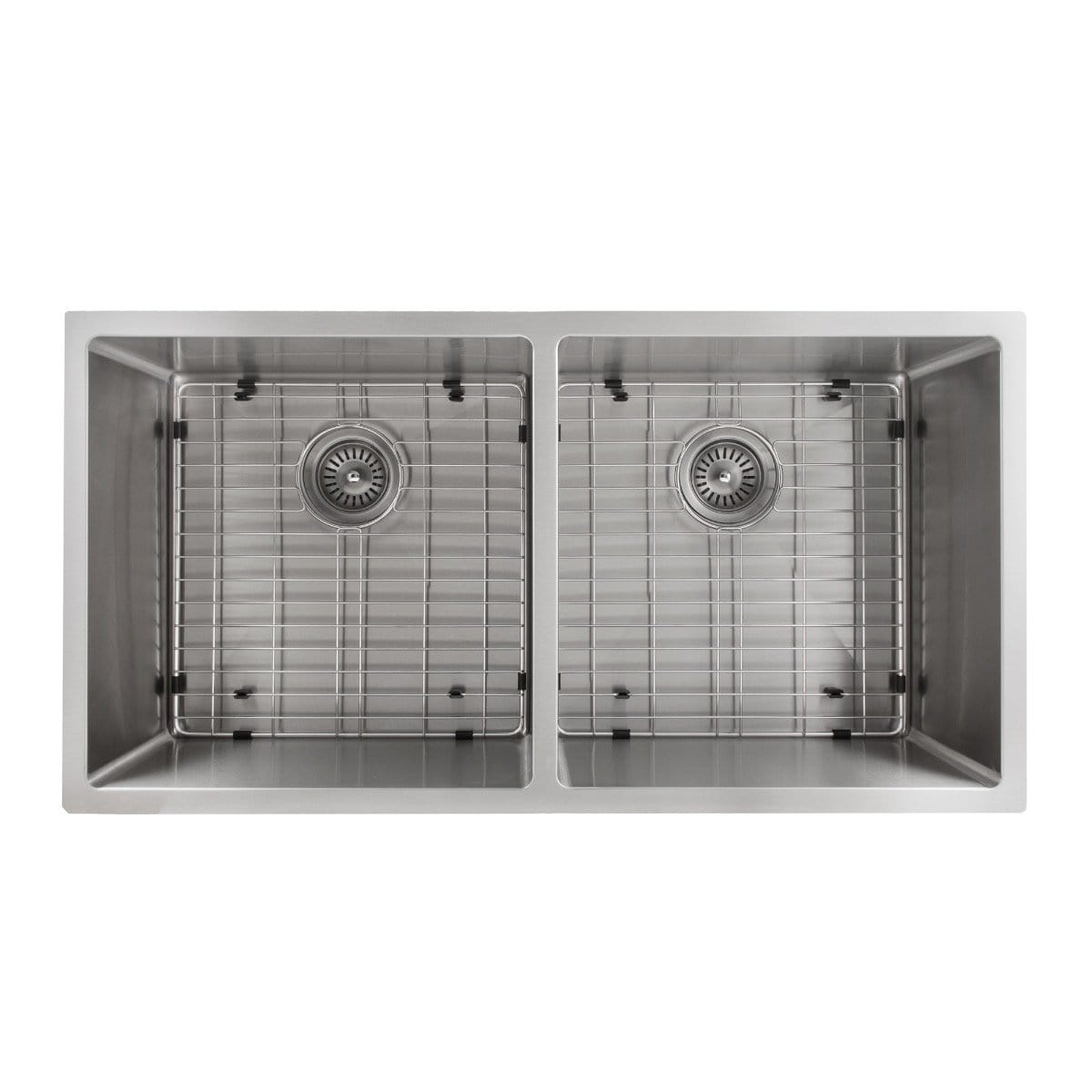 ZLINE Anton 36" Undermount Double Bowl Sink in Stainless Steel (SR50D-36) with dual basins and protective grids.