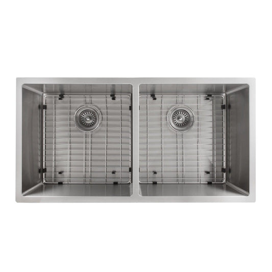 ZLINE Anton 36" Undermount Double Bowl Sink in Stainless Steel (SR50D-36) with dual basins and protective grids.