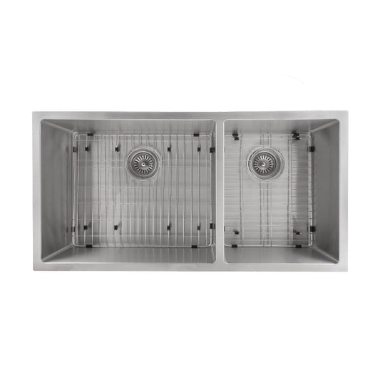 ZLINE Chamonix 36" Undermount Double Bowl Sink in Stainless Steel (SR60D-36) showing dual basins and drain racks.