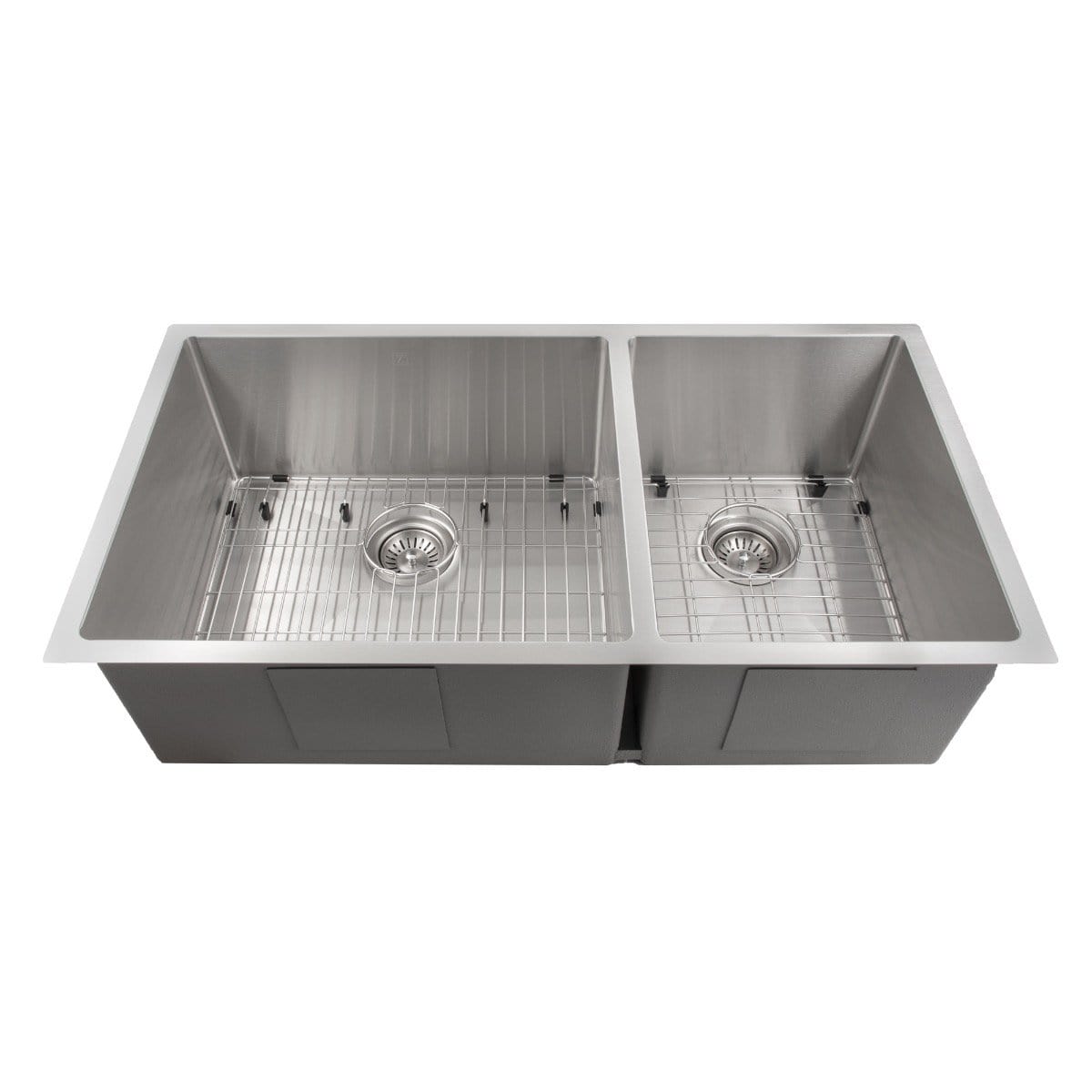 ZLINE Chamonix 36" Undermount Double Bowl Sink in Stainless Steel (SR60D-36) with dual-basin design and grid.