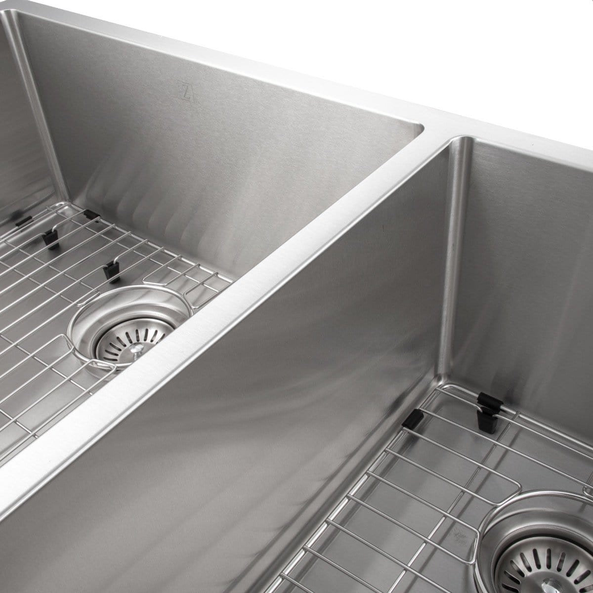 ZLINE Chamonix 36" Undermount Double Bowl Sink in Stainless Steel (SR60D-36) close-up view of dual basins and grid