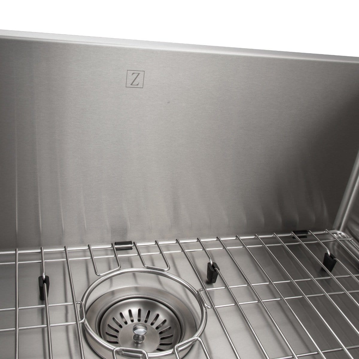 ZLINE Meribel 27" Undermount Single Bowl Sink in Stainless Steel (SRS-27) inner view showing drain and rack features.